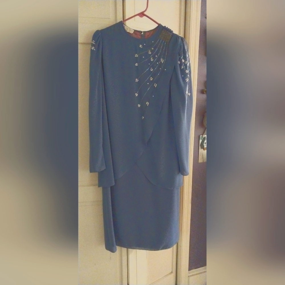 Lavender 100% Silk hand beaded dress, fully lined, mid ankle length